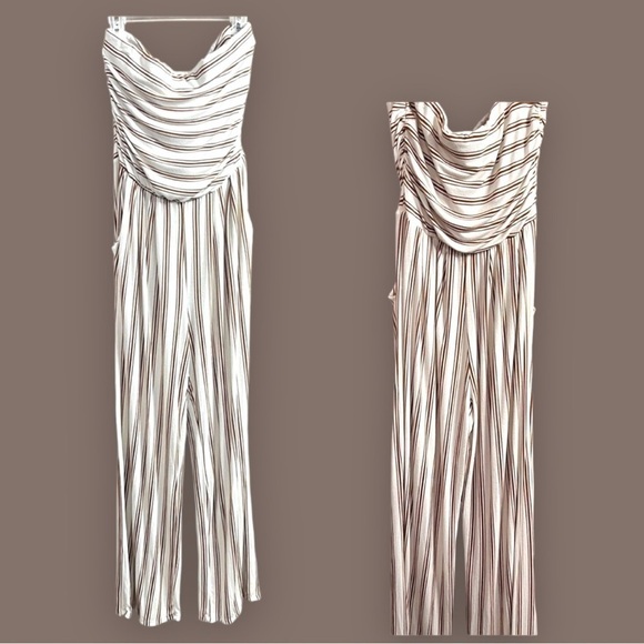 JUNIOR’S tube top jumpsuit, cream with brown stripes, size Small - Picture 1 of 4